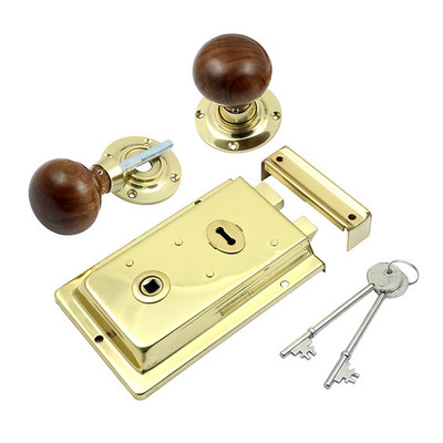 Prima Rim Lock (155mm x 105mm) With Rosewood Mushroom Rim Knob (57mm), Polished Brass - BH1021PB (sold as a set) POLISHED BRASS RIM LOCK WITH MUSHROOM ROSEWOOD KNOB
